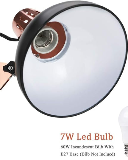 Metal Swing Arm Desk Lamps, Adjustable and Flexible, Feading with Base and Clip 2-in-1 Function, Fit E26&E27 Bulbs Base, Application in Bedroom Living Room, Office Home (Black+Rose Gold) - LeafyLoom