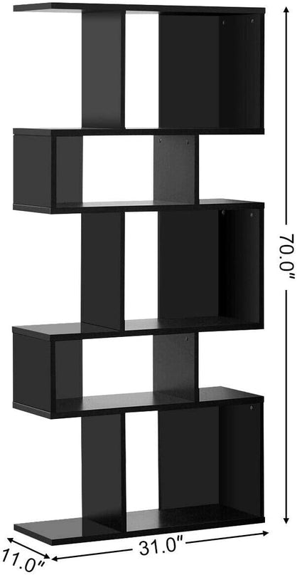 Giantex 5-Tier Geometric Bookshelf Black, 70" Tall Wood Freestanding Decorative Display Open Shelves with Anti-Tipping Device, Each Shelf Holds up to 44 lbs, Wooden S Shaped Bookcase - LeafyLoom
