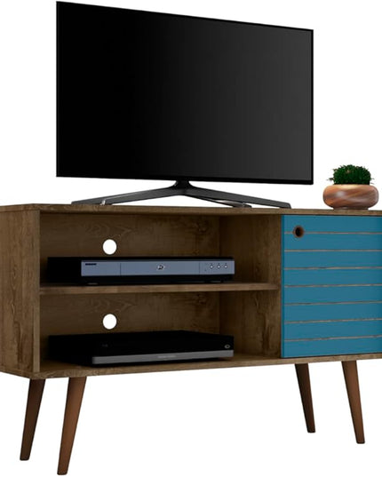 Manhattan Comfort Liberty Mid Century Modern TV Stand for Televisions up to 46 Inches, Bedroom and Living Room Entertainment Center with Storage, Shelves, and Cabinet, 43" Wide, Rustic Brown/Aqua - LeafyLoom