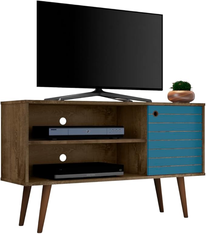 Manhattan Comfort Liberty Mid Century Modern TV Stand for Televisions up to 46 Inches, Bedroom and Living Room Entertainment Center with Storage, Shelves, and Cabinet, 43" Wide, Rustic Brown/Aqua - LeafyLoom