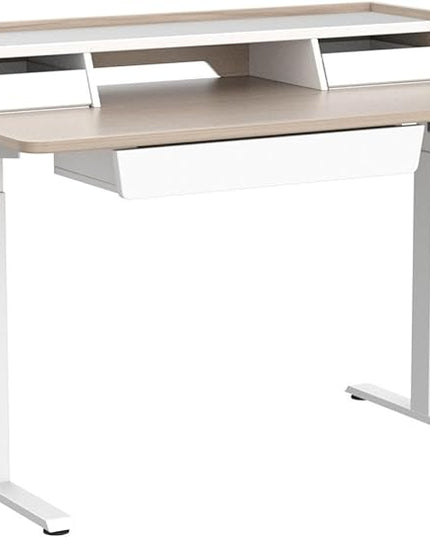 FEZIBO Standing Desk with Drawers, 48 x 25 Inch Adjustable Height Stand Up Desk with Storage Shelf, Home Office Desk with Monitor Stand, Light Walnut - LeafyLoom