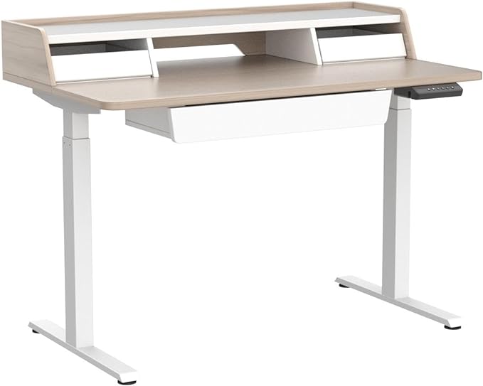 FEZIBO Standing Desk with Drawers, 48 x 25 Inch Adjustable Height Stand Up Desk with Storage Shelf, Home Office Desk with Monitor Stand, Light Walnut - LeafyLoom