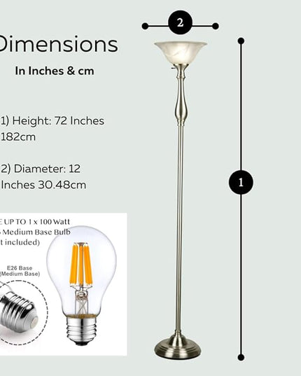 LIGHTACCENTS Floor Lamp, Standing Lamp 72-inch Tall Lamp Brushed Nickel White Alabaster Glass Shade - Torchiere, Pole Lamp, Corner Lamp, Floor Lamps for Living Room, Standing Lamps for Bedroom - LeafyLoom