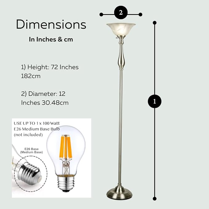 LIGHTACCENTS Floor Lamp, Standing Lamp 72-inch Tall Lamp Brushed Nickel White Alabaster Glass Shade - Torchiere, Pole Lamp, Corner Lamp, Floor Lamps for Living Room, Standing Lamps for Bedroom - LeafyLoom