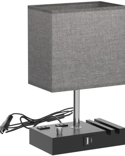 Kakanuo Fully Dimmable Nightstand Lamp for Bedroom with USB C Ports, Grey Small Bedside Table Lamp with Charging Outlets and Phone Stands, Wooden Desk Lamp for Living Room, LED Bulb Included - LeafyLoom