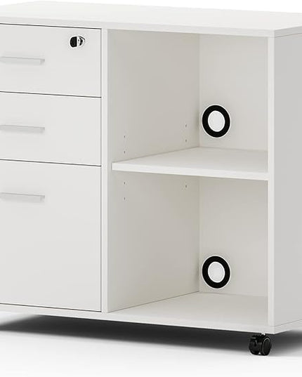 Maxtown Wood Filing Cabinet, Mobile Lateral Filing Cabinet with Lock, 3 Drawer Filing Cabinet with Open Storage Shelves, Printer Stand with Storage, White - LeafyLoom