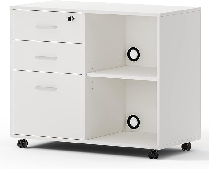 Maxtown Wood Filing Cabinet, Mobile Lateral Filing Cabinet with Lock, 3 Drawer Filing Cabinet with Open Storage Shelves, Printer Stand with Storage, White - LeafyLoom