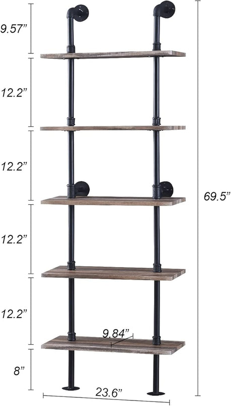 HOMBAZAAR Industrial Bookshelf, 5-Tier Industrial Pipe Bookshelf, Wall Mounted Ladder Shelves with Metal Frame for Home Office, Living Room, Oak Brown - LeafyLoom