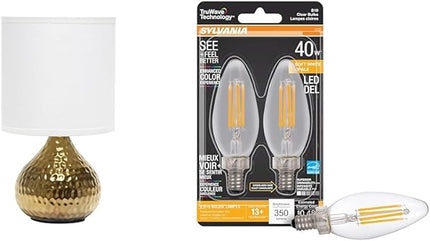 Simple Designs LT2073-GDW Mini Hammered Texture Gold Drip Table Lamp with White Shade & Sylvania LED TruWave Natural Series Décor B10 Chandelier Light Bulb, 40W Equivalent Efficient 4W - LeafyLoom