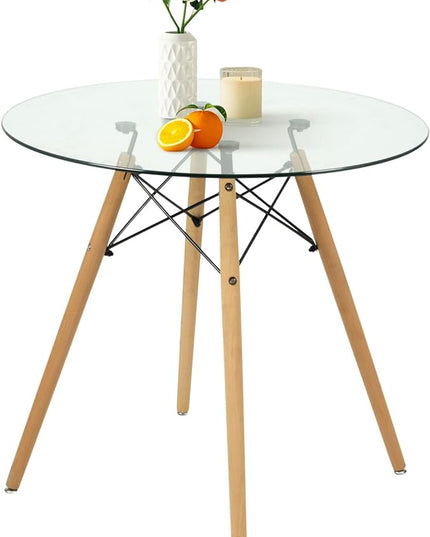 FurnitureR 31.5 Inch Modern Round Dining Table Glass with Wooden Legs for Home Kitchen Living Room Corner Small Spaces Leisure - LeafyLoom