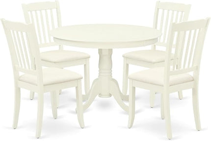 East West Furniture HLDA5-LWH-C 5 Piece Dining Room Table Set Includes a Round Kitchen Table with Pedestal and 4 Linen Fabric Upholstered Dining Chairs, 42x42 Inch, Linen White - LeafyLoom