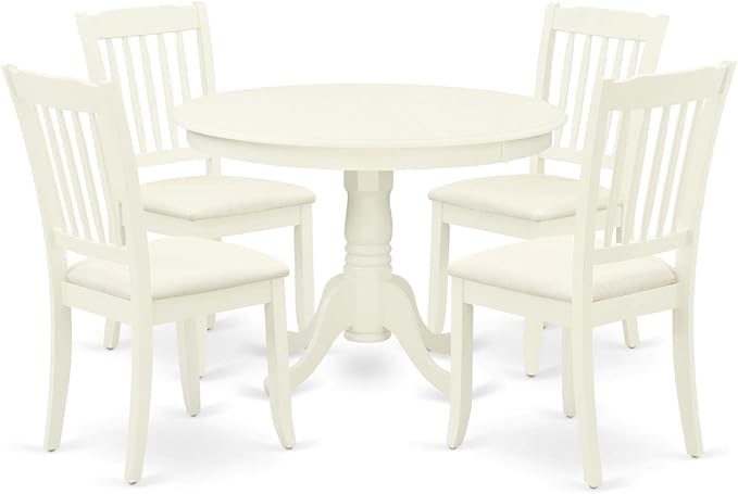 East West Furniture HLDA5-LWH-C 5 Piece Dining Room Table Set Includes a Round Kitchen Table with Pedestal and 4 Linen Fabric Upholstered Dining Chairs, 42x42 Inch, Linen White - LeafyLoom