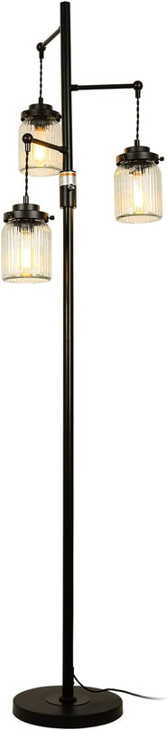 Industrial Farmhouse Rustic Lamp with 3 Glass Shades, Tall Standing Lamps with Dimmable Switch, Sturdy Base, Black Floor Lamps for Living Room Bedroom Office Home - LeafyLoom