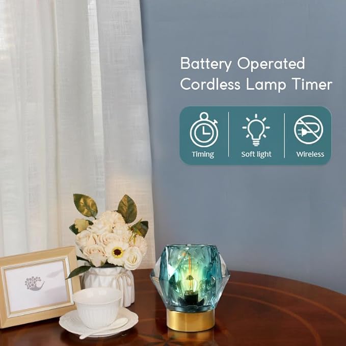 Battery Operated Cordless Lamp Timer,Decorative Table Lamp Battery Powered Lamp with LED Bulb,Decorative Bedside Lamp for Living Room,Bedside Lamp,Night Light (Blue) - LeafyLoom