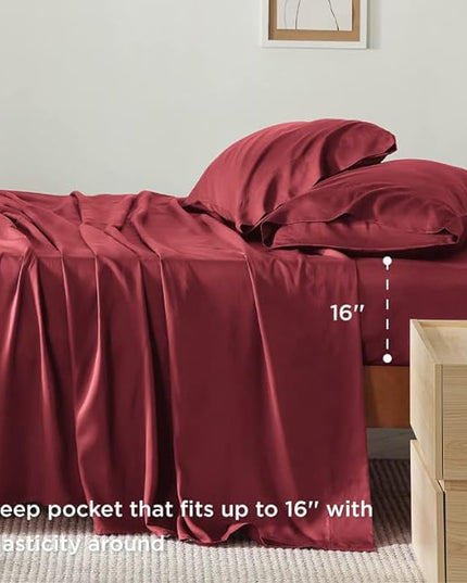 Bedsure Queen Sheets, Rayon Derived from Bamboo, Queen Cooling Sheet Set, Deep Pocket Up to 16", Breathable & Soft Bed Sheets, Hotel Luxury Silky Bedding Sheets & Pillowcases, Burgundy - LeafyLoom