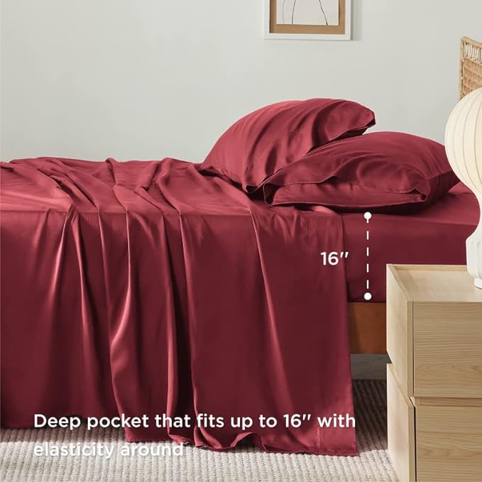 Bedsure Queen Sheets, Rayon Derived from Bamboo, Queen Cooling Sheet Set, Deep Pocket Up to 16", Breathable & Soft Bed Sheets, Hotel Luxury Silky Bedding Sheets & Pillowcases, Burgundy - LeafyLoom