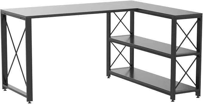 Tribesigns Reversible Industrial L-Shaped Desk with Storage Shelves, Corner Computer Desk PC Laptop Study Table Workstation for Home Office Small Space (Black, 53") - LeafyLoom