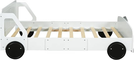 Full Size Car-Shaped Platform Bed with Wheels,Wood Bedframe W/Rails on Both Sides & Slat Support,No Box Spring Needed,Fun Play for Boys Kids Toddlers Child's Bedroom,White - LeafyLoom