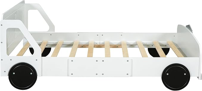 Full Size Car-Shaped Platform Bed with Wheels,Wood Bedframe W/Rails on Both Sides & Slat Support,No Box Spring Needed,Fun Play for Boys Kids Toddlers Child's Bedroom,White - LeafyLoom