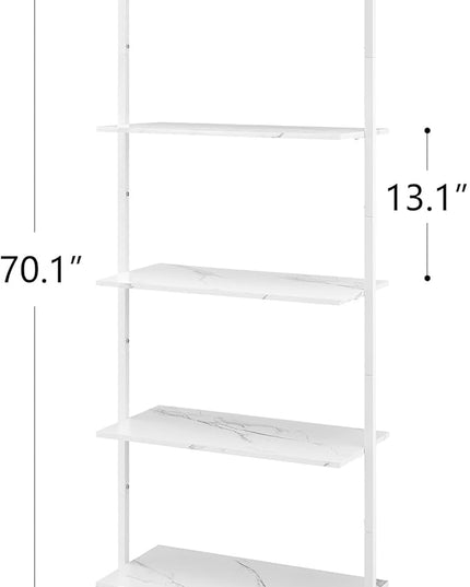 Tajsoon 25.2''W Ladder Shelf Bookshelf, 5 Tier Wall Shelf with Metal Frame, Modern Open Wall Mount Bookcases for Home, Office, Balcony, Plant Flower, White - LeafyLoom