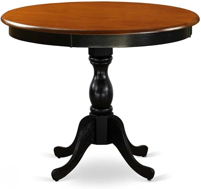 East West Furniture Antique 3 Piece Set Contains a Round Kitchen Table with Pedestal and 2 Blue Linen Fabric Parsons Dining Chairs, 36x36 Inch, Black & Cherry - LeafyLoom