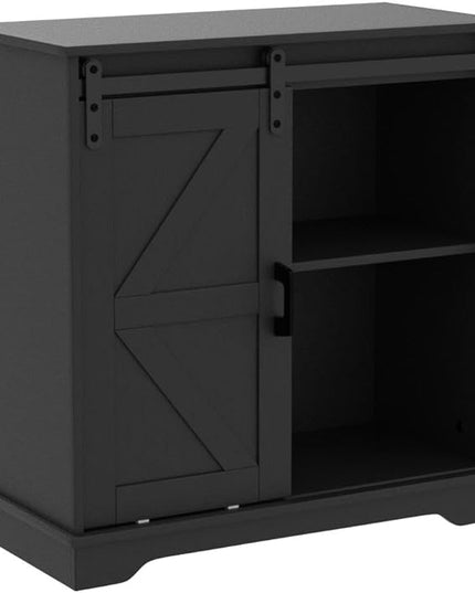 Panana Sliding Barn Door Buffet Sideboard Storage Cabinet Coffee Bar Kitchen Farmhouse Style (Black) - LeafyLoom