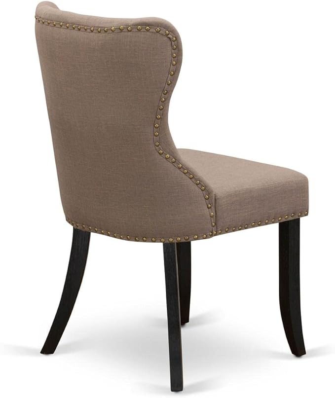 East West Furniture SIP6T48 Sion Parson Dining Room Button Tufted Nailhead Trim Coffee Linen Fabric Padded Chairs, Set of 2, Wirebrushed Black - LeafyLoom