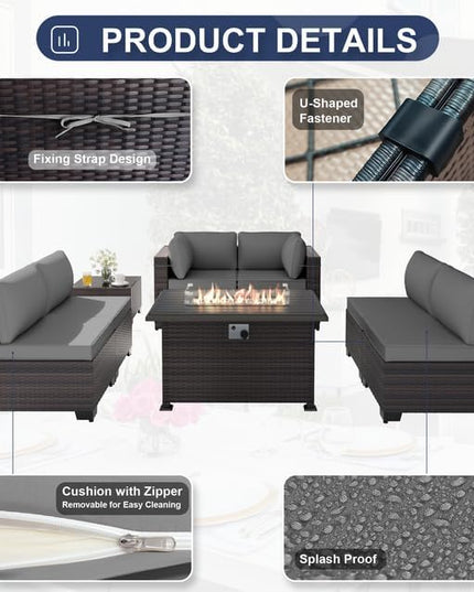 Patio Furniture Set with Fire Pit Table 8 Pieces Outdoor Sectional Furniture Outdoor Rattan Patio Conversation Sets with 43in 55,000 BTU Propane Gas Fire Pit Table Glass Table, Grey - LeafyLoom