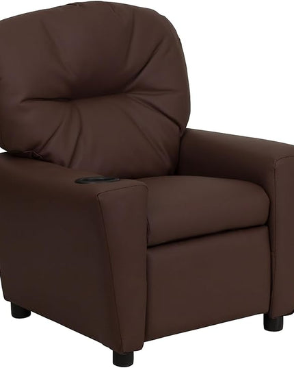 Flash Furniture Chandler LeatherSoft Kids Recliner with Cup Holder and Safety Recline, Contemporary Reclining Chair for Kids, Supports up to 90 lbs., Brown - LeafyLoom