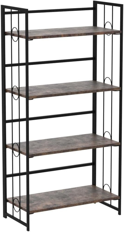 4NM No-Assembly 4 Tiers Folding Bookshelf Storage Shelves Vintage Bookcase Standing Racks Study Organizer Home Office - Rustic Brown and Black - LeafyLoom