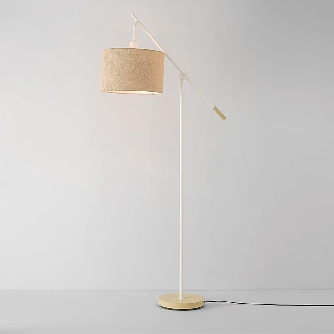 Globe Electric Serena 66" Floor Lamp, Matte White, Faux Wood Accents, Jute Shade, Dimmable Rotary Switch on Socket - LeafyLoom