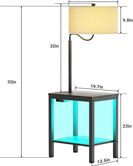 LED Floor Lamp with Table, Side Table with LED Light and Power Outlet, Nightstand with Lamp, End Table with Lamp Attached for Living Room, Bedroom, USB Ports, Bulb Included, Black Oak, 2 Pack - LeafyLoom