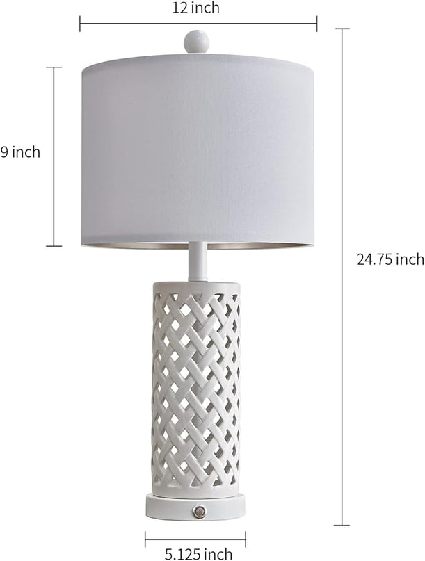 OYEARS 24.75'' Touch Control Table Lamp 3-Way Dimmable Bedroom Nightstand Set of 2 for Living Room Farmhouse Vintage Retro USB Bedside Ceramic Lamps with Linen Shade for Home Office (Bulb Included) - LeafyLoom