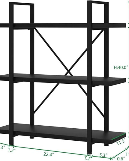 HSH 3 Tier Black Bookshelf, Industrial Small Metal Wooden Storage Book Shelves, Modern Open Low 3 Shelf Bookcase and Display Etagere, Vertical Book Shelf for Bedroom Living Room Office, Black Oak - LeafyLoom