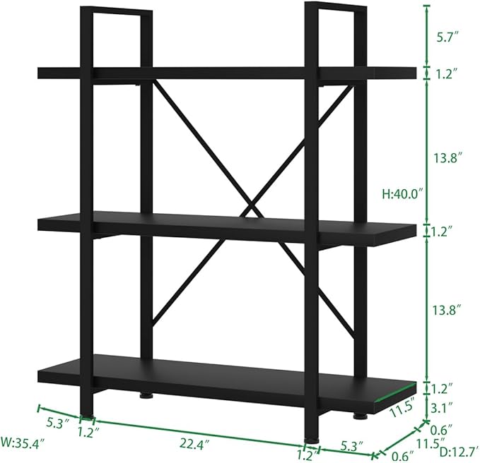 HSH 3 Tier Black Bookshelf, Industrial Small Metal Wooden Storage Book Shelves, Modern Open Low 3 Shelf Bookcase and Display Etagere, Vertical Book Shelf for Bedroom Living Room Office, Black Oak - LeafyLoom