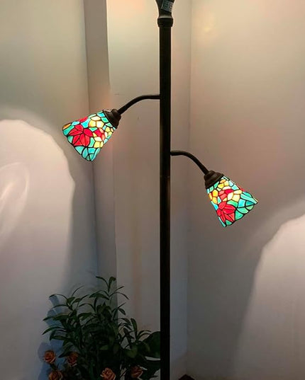 Bieye L10884 Maple Tree Leaves Tiffany Style Stained Glass Torchiere Floor Lamp with Sidelights for Reading Home Decor, 70-inches Tall (Maple Leaf, Red) - LeafyLoom
