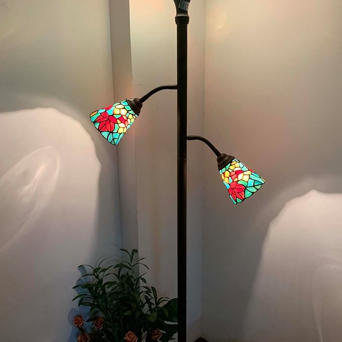 Bieye L10884 Maple Tree Leaves Tiffany Style Stained Glass Torchiere Floor Lamp with Sidelights for Reading Home Decor, 70-inches Tall (Maple Leaf, Red) - LeafyLoom