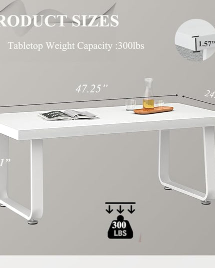 HSH White Coffee Table, Modern Simple Rectangle Living Room Table, Industrial Wood and Metal Legs Center Table for Bedroom, Farmhouse Minimalist Wooden Cocktail Tea Coffee Table, White Oak, 47 Inch - LeafyLoom