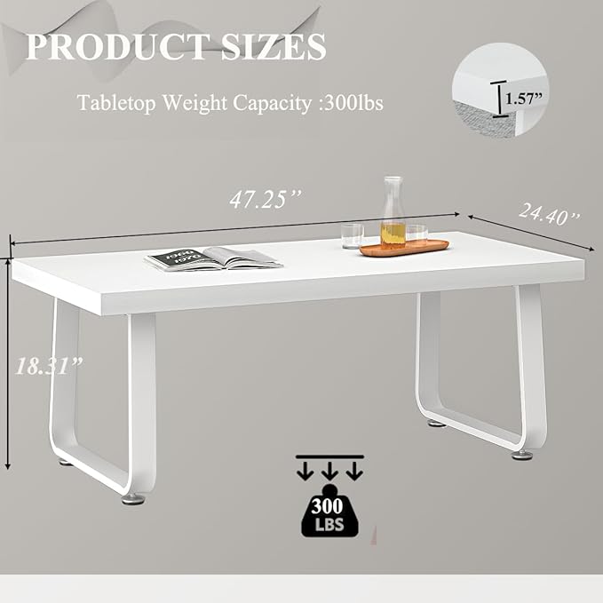 HSH White Coffee Table, Modern Simple Rectangle Living Room Table, Industrial Wood and Metal Legs Center Table for Bedroom, Farmhouse Minimalist Wooden Cocktail Tea Coffee Table, White Oak, 47 Inch - LeafyLoom