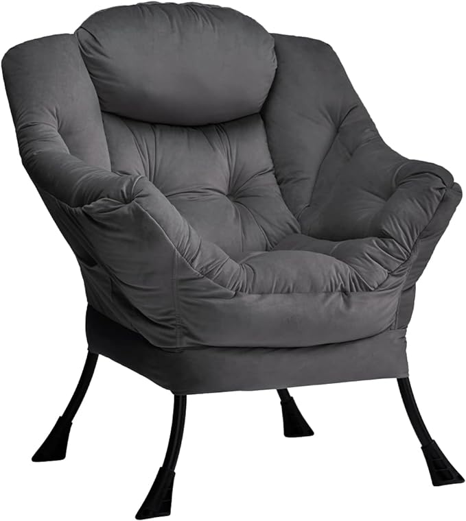 HollyHOME Modern Fabric Large Lazy Chair, Accent Oversized Comfy Reading Chair, Thick Padded Cozy Lounge Chair with Armrest, Steel Frame Leisure Sofa Chair for Living Room, Bedroom, Dorm, Smoky Grey - LeafyLoom