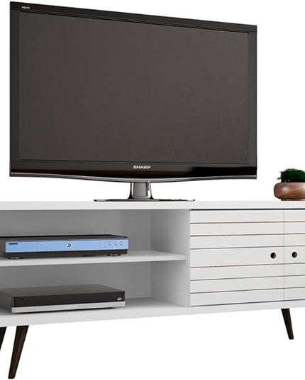 Manhattan Comfort Liberty Mid Century Modern TV Stand for Televisions up to 60 Inches, Bedroom and Living Room Entertainment Center with Storage, Shelves, and Cabinet, 63" Wide, White - LeafyLoom