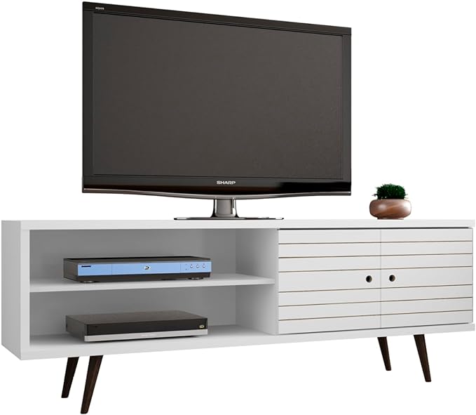 Manhattan Comfort Liberty Mid Century Modern TV Stand for Televisions up to 60 Inches, Bedroom and Living Room Entertainment Center with Storage, Shelves, and Cabinet, 63" Wide, White - LeafyLoom