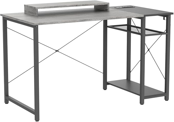 armocity Computer Desk with LED, Gaming Desk with Outlets, 40 Reversible Laptop Table with Monitor Stand, Small Desk for Small Spaces, Grey/Black - LeafyLoom