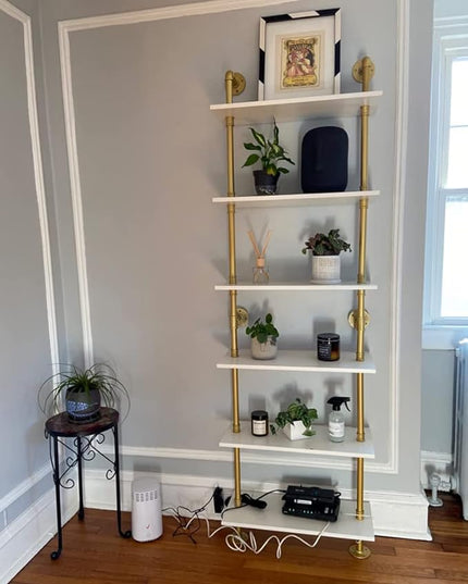 6 Tier Gold Bookshelf, White and Gold Shelves, Modern Shelves Shelf Bookcase Metal Mid Century Open Industrial Wall Mount Accents Decor Retail Shelving Vertical for Living Room - LeafyLoom