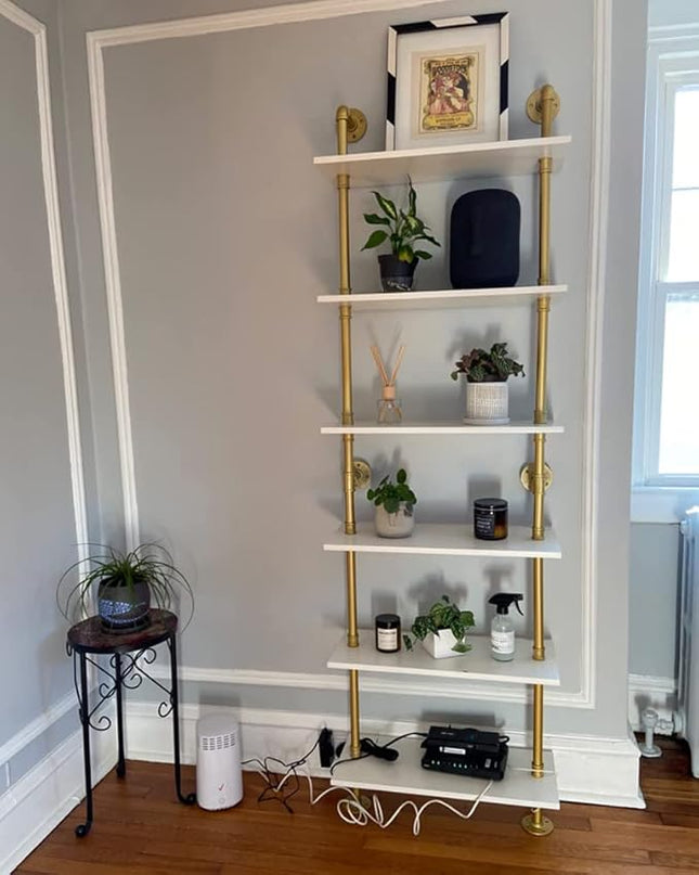 6 Tier Gold Bookshelf, White and Gold Shelves, Modern Shelves Shelf Bookcase Metal Mid Century Open Industrial Wall Mount Accents Decor Retail Shelving Vertical for Living Room - LeafyLoom