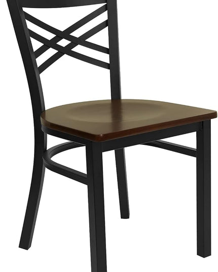 Flash Furniture 2 Pack HERCULES Series Black ''X'' Back Metal Restaurant Chair - Mahogany Wood Seat - LeafyLoom