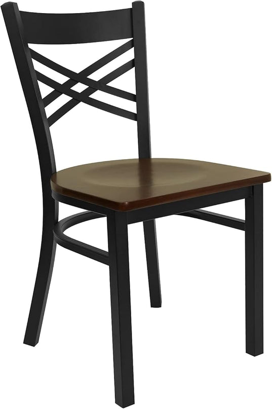 Flash Furniture 2 Pack HERCULES Series Black ''X'' Back Metal Restaurant Chair - Mahogany Wood Seat - LeafyLoom