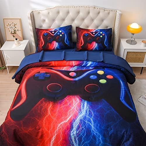 Meeting Story Gamer Gaming Bedding Sets Red Blue Lightnings Gamepad Comforter Set for Boys Games Console Action Buttons Novelty Colorful Modern Room Decor Home Quilt Set (Red-Blue, Queen 5Pcs) - LeafyLoom