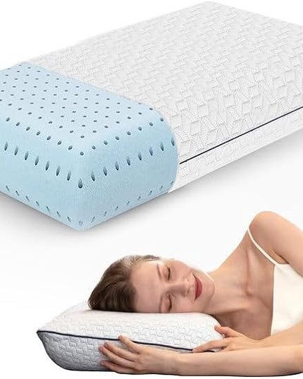 Gel Memory Foam Pillow -Standard Size - Ventilated, Premium Bed Pillows with Viscose Made from Bamboo Pillow Cover, Cooling, Contoured Support, Orthopedic Sleeping - LeafyLoom