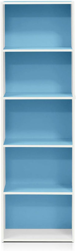 Furinno Luder Bookcase / Book / Storage , 5-Tier, White / Light Blue - LeafyLoom
